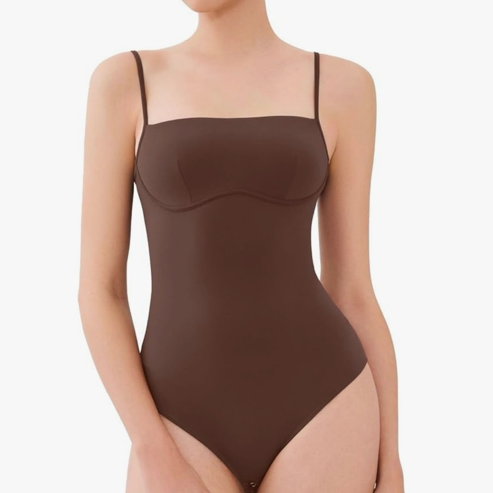 NWT REORIA Thong Square Neck Double Lined Bodysuit, Coffee, M
